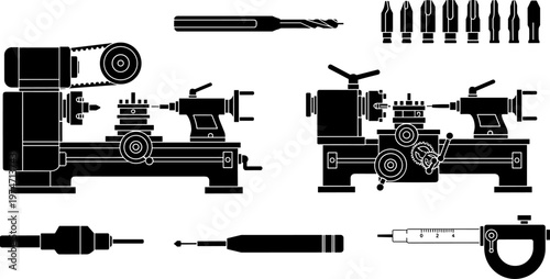 Industrial metal lathe machine set with precision turning equipment micrometer measurement tool drill bits and workshop machinery silhouettes for engineering manufacturing and metalworking projects
