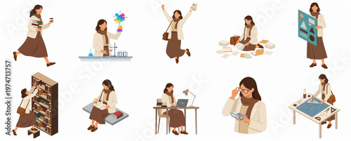 Flat Woman Various Activities and Scenes in Different Professions Illustration