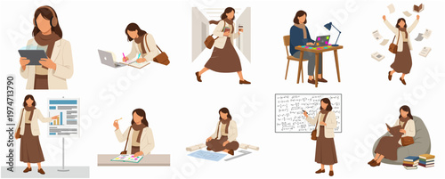 Flat Style Woman in Different Activities Studying Working Character Set Illustration