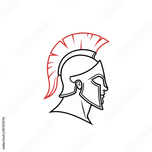 Spartan Warrior Helmet Profile Logo - Minimalist Greek Gladiator Line Art Vector Illustration with Red Crest