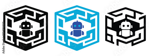 Futuristic AI robot logos featuring a complex hexagonal maze cube, symbolizing intelligent problem solving, deep learning, and advanced technology in three modern color schemes