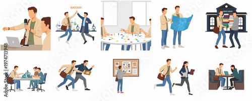 Simple Style Diverse Students in Different Situations Flat Design Illustration Set