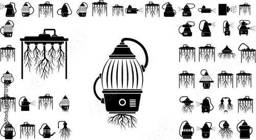 Hydroponic and Aeroponic System Silhouettes for Smart Indoor Farming, Modern Greenhouse Technology Icons, Sustainable Vertical Gardening Equipment, Innovative Plant Root Growth Research Vectors.