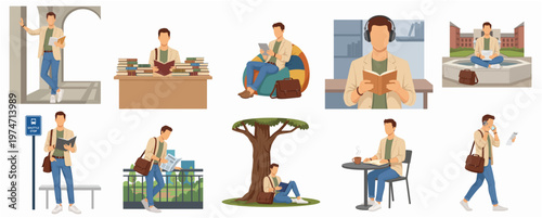 Flat Illustration Set of Young Male Student in Various Situations