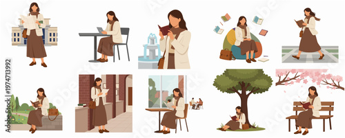 Flat Illustration Young Woman Reading Book in Different City Scenery Collection