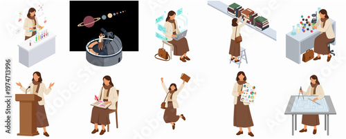 Isometric Woman Different Professions and Occupations Science Education and Other Jobs