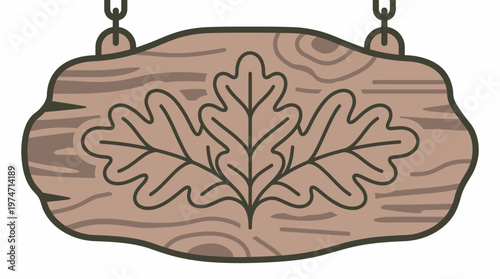 Hand-drawn rustic wooden plank sign adorned with elegant oak leaf designs, suspended by chains, evoking a natural aesthetic