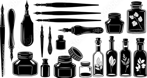 Collection of vintage calligraphy dip pen nibs, antique ink bottles, and apothecary glass jars with botanical leaves, black vector silhouettes on white background.