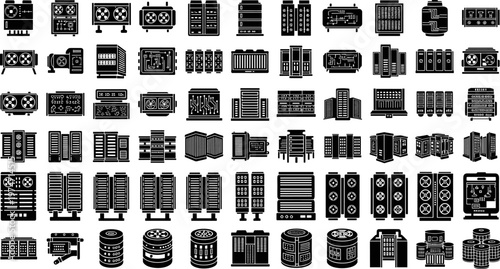 Collection of data center server rack silhouettes, cloud computing hardware icons, network database storage technology symbols, and digital infrastructure equipment vector set for microstock.