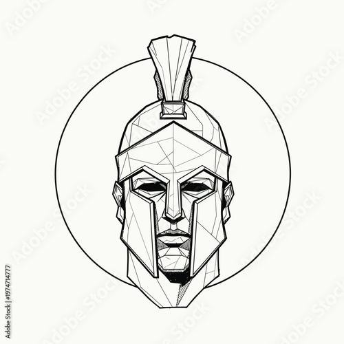 Geometric Spartan Warrior Helmet Line Art Illustration - Ancient Greek Gladiator Mascot Logo Design