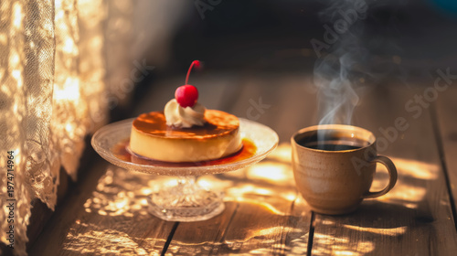 午後の柔らかな光が差し込む窓辺で、湯気の立つコーヒーとチェリーがのったレトロなカスタードプリンを楽しむ、ノスタルジックで穏やかなティータイムの風景