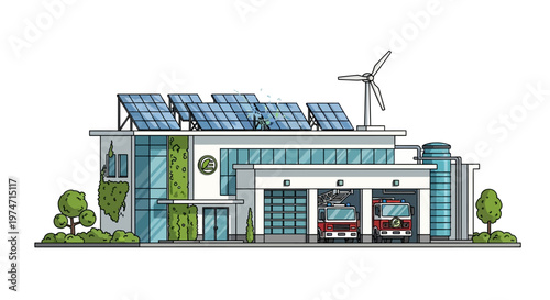 Modern eco-friendly fire station with solar panels and wind turbine