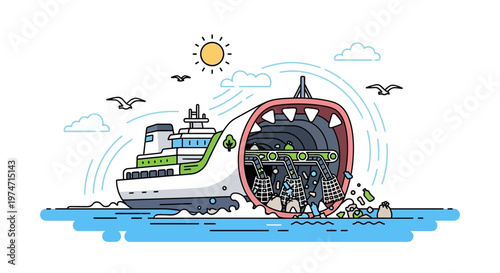 Creative illustration of ship collecting ocean plastic waste