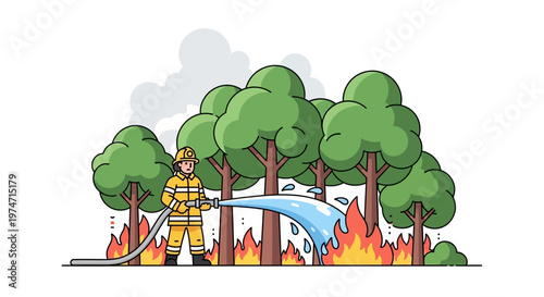 Firefighter extinguishing forest fire with hose in vector illustration