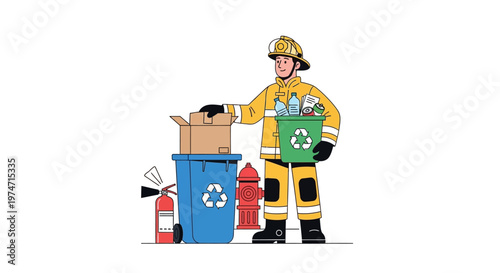 Firefighter recycling with bins and fire safety equipment