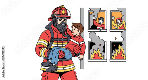 Firefighter rescuing child from burning building in emergency scene