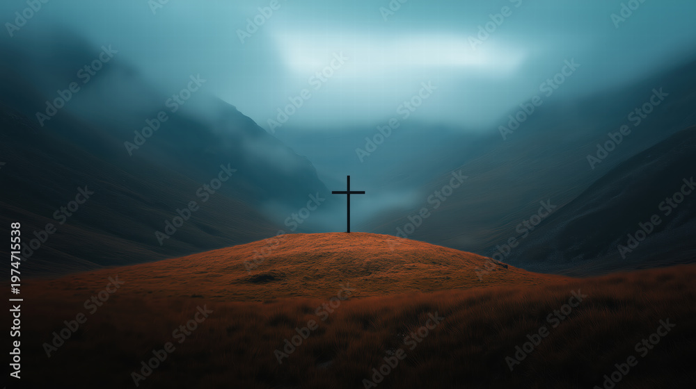 Obraz premium Cross standing alone at the top of a hill at night, dramatic dark sky, quiet and solemn biblical atmosphere, powerful symbol of faith and sacrifice