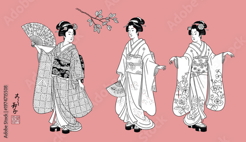 Traditional Japanese geishas in kimonos with fans and blossoms on a pink background.