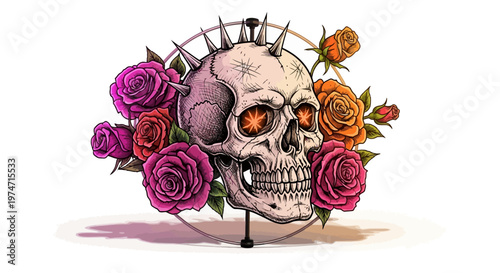 Gothic punk skull with metal spikes and blooming roses, edgy floral skeleton head vector illustration, rock music aesthetic with pink and orange flowers