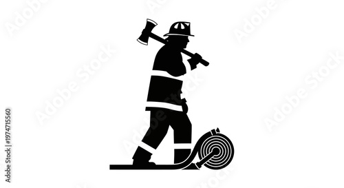 Silhouette of a firefighter carrying an axe and hose