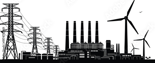 Industrial landscape with power lines, factory, and wind turbines.