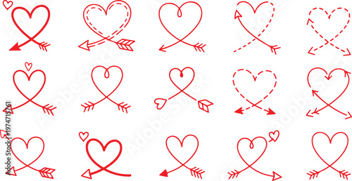 Horizontal cupid arrow icons with heart centers and varied fletching for creative valentine day motifs