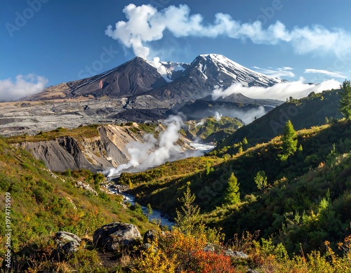 A mountain landscape with snow and smoke