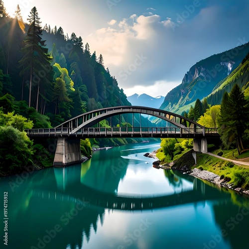 A serene river flows beneath a graceful bridge, surrounded by lush, green forests and imposing mountains under a sunlit sky