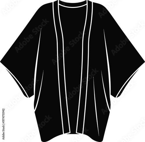 Black open front kimono jacket with decorative trim.