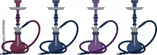 Set of traditional oriental hookah icons in various colors with long pipes and glass bases for lounge bar and shisha cafe vector.