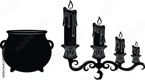 Witchcraft objects cauldron and candelabra with candles for halloween and magic.