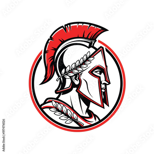 Spartan Warrior Mascot Logo, Ancient Greek Soldier Profile with Red Crested Helmet and Laurel Wreath Vector Illustration