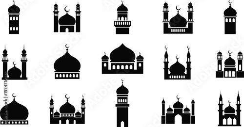 Collection of various black silhouette mosque building icons with domes and minarets.