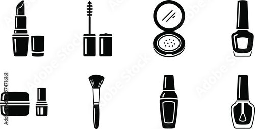 Makeup cosmetic icon set vector illustration lipstick mascara powder beauty products graphics