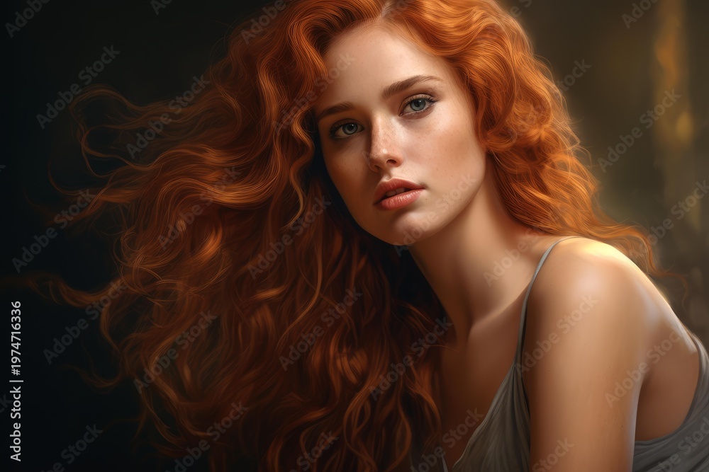 Naklejka premium Beautiful young redheaded woman glancing towards the viewer with luxurious wavy hair on a dark background