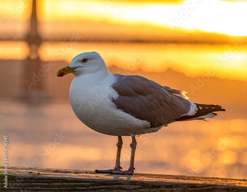 A single seagull stands at the edge of a platform, its feathers tinged by the warm glow of the setting sun over a reflective body of water