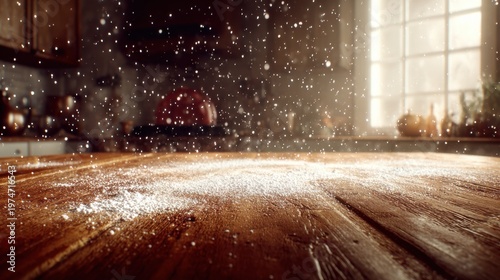 A Cozy Kitchen Scene with Flour Dust Floating in Sunlight Through a Window Creating a Warm and Inviting Atmosphere