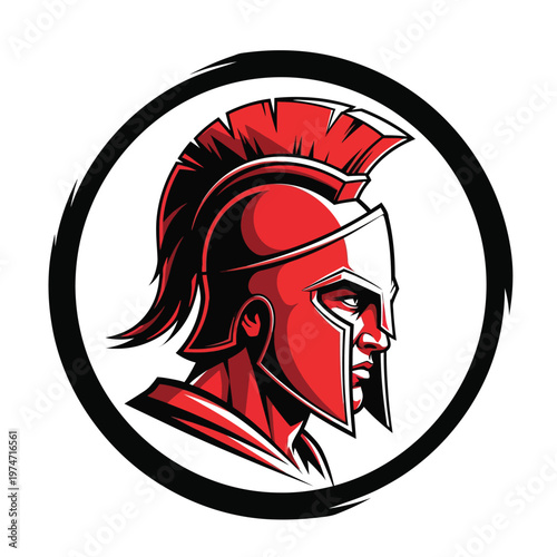 Spartan Warrior Mascot Logo Vector Illustration. Red Centurion Head with Helmet in Circular Badge. Powerful Spartan Soldier Profile for E-sports, Sports Teams, and Branding.