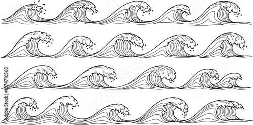 Water line waves. Sea wave with splashes, blue ocean wavy decorative shapes. Water linear marine decoration. Abstract aqua, liquid flow simple graphics, nautical oceanic surf symbols vector