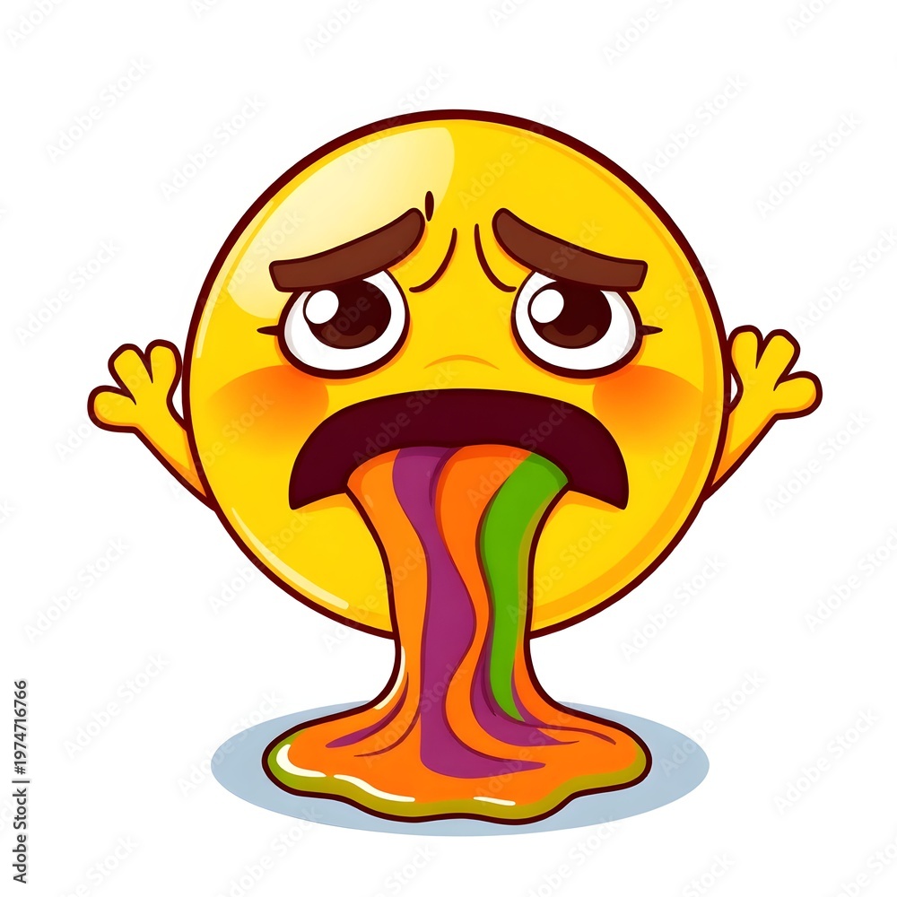 Fototapeta premium Sick yellow emoji vomiting colorful liquid in cartoon style