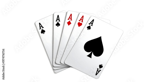 Five playing cards, aces of various suits fanned out against a white background, indicating a winning poker hand