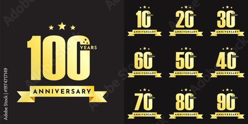 Set 10 20 30 to 100 years anniversary gold emblem design