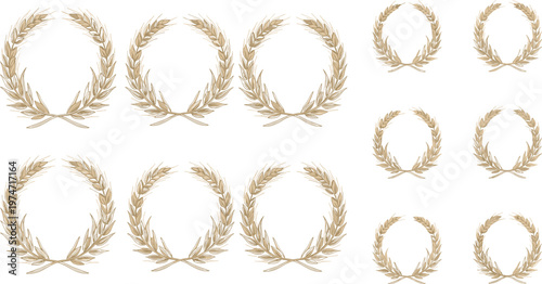 Large collection of vintage wheat wreaths and circular grain frames in vector format for organic bakery branding agricultural labels and rustic harvest festival decorations.