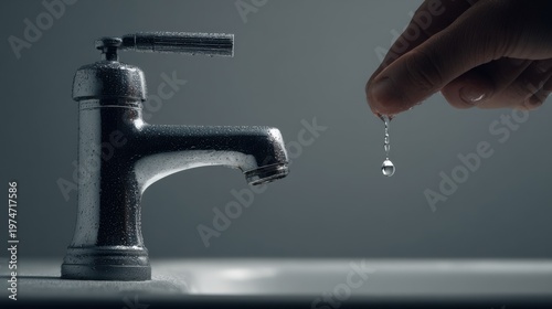 Close-Up of Hand Reaching for Water Drop from Kitchen Faucet in Soft Lighting, Highlighting the Beauty of Everyday Moments