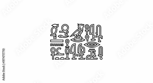 Ancient hieroglyphic symbols including an ankh, falcon, and eye of Horus