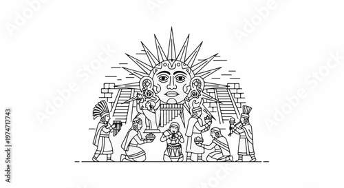 Ancient ritual with sun deity and musicians before stepped pyramids