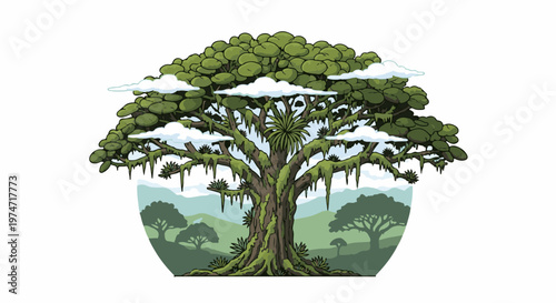 Ancient pixelated tree with hanging moss and distant green hills