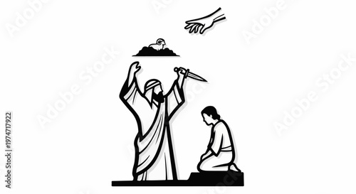 Ancient scene of a man raising a knife over kneeling figure, with a ram and outstretched hand