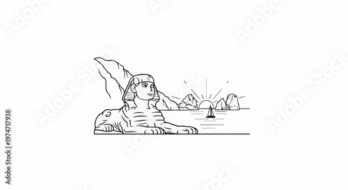 Ancient sphinx guards a serene seaside with a sailboat at sunrise