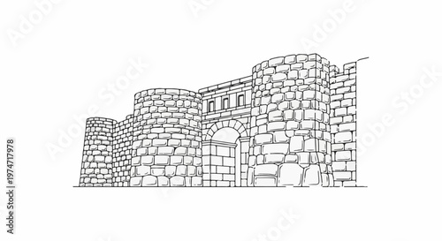 Ancient stone archway and fortifications, rendered in a black and white line drawing